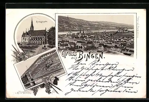Lithographie Bingen, Mäusethurm, Ruine Ehrenfels, Rochuskapelle