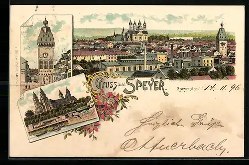 Lithographie Speyer, Panorama mit Altpörtel