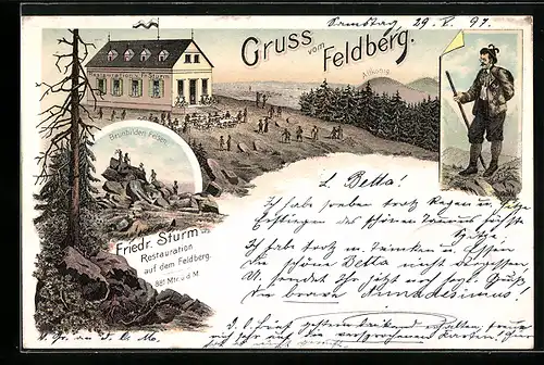 Lithographie Feldberg, Restauration von Friedrich Sturm, Wanderer und Altkönig