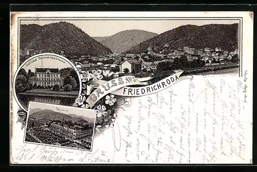 Lithographie Friedrichroda, Ortsansicht, Schloss Reinhardsbrunn, Kurhaus aus der Vogelschau