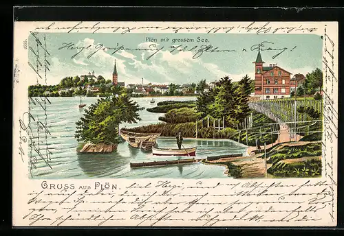 Lithographie Plön, Blick über den See auf die Stadt