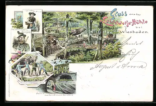 Lithographie Wiesbaden, Leichtweisshöhle, Räuberhauptmann Heinrich-Anton Leichtweiss