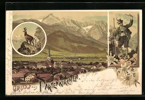 Lithographie Partenkirchen, Ortsansicht aus der Vogelschau, Wanderer in Tracht, Ziegenbock