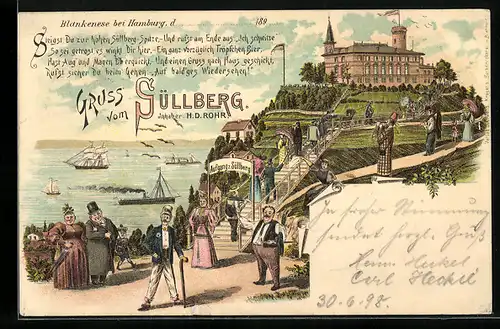 Lithographie Alt-Hamburg, Aufgang zum Gasthaus auf dem Süllberg Inh.: H. D. Rohr