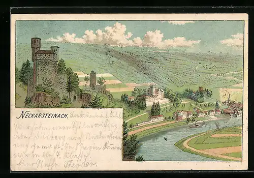 Lithographie Neckarsteinach, Ortsansicht mit Fluss und Burg aus der Vogelschau
