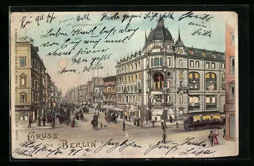 Lithographie Berlin, Geschäft Loeser & Wolff, Friedrichstrasse Ecke Leipziger Strasse, Strassenbahn