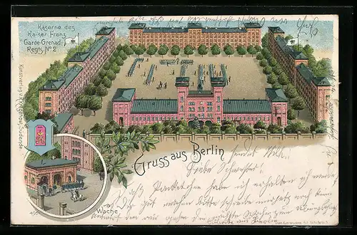 Lithographie Berlin-Kreuzberg, Kaserne des Kaiser Franz Garde-Grenadier-Regiments No. 2, Urbanstrasse