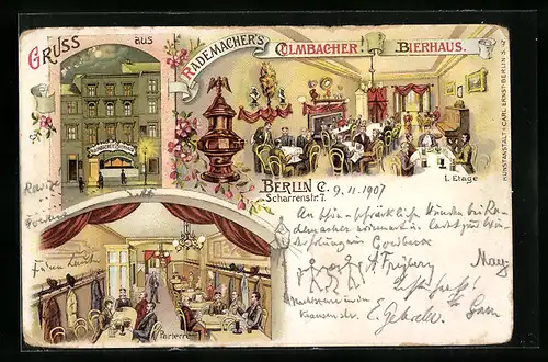 Lithographie Berlin, Gaststätte Rademachers Culmbacher Bierhaus mit Innenansichten, Scharrenstrasse 7