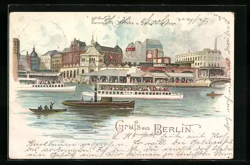 Lithographie Berlin, Blick auf Jannowitz-Brücke und Dampfer-Anlage