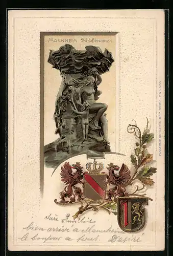 Passepartout-Lithographie Mannheim, Schlossbrunnen, Wappen