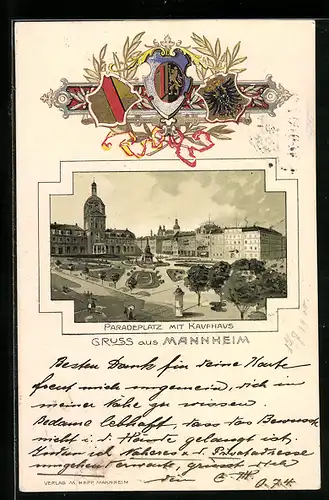 Passepartout-Lithographie Mannheim, Paradeplatz mit Kaufhaus und Wappen