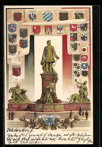 Lithographie Berlin, Bismarck-Denkmal und deutsche Wappen