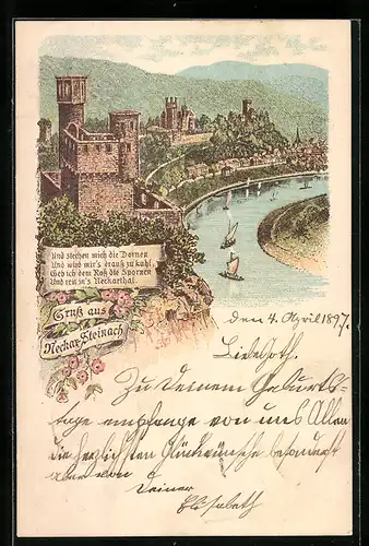 Lithographie Neckar-Steinach, Burg und Neckar