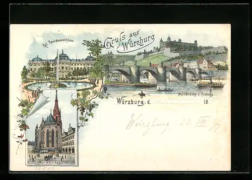 Lithographie Würzburg, Kgl. Residenzschloss, Marienkirche, Mainbrücke und Festung