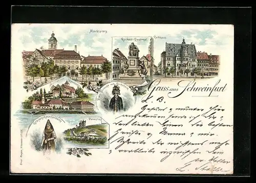 Lithographie Schweinfurt, Marktplatz, Rückert-Denkmal, Rathaus, Plan-Bursche von Gochsheim, Grafenrheinfelderin