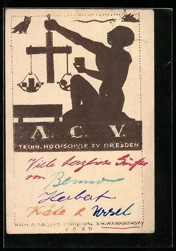 Künstler-AK Dresden, Techn. Hochschule zu Dresden, Silhouette mit Kreuz-Waage