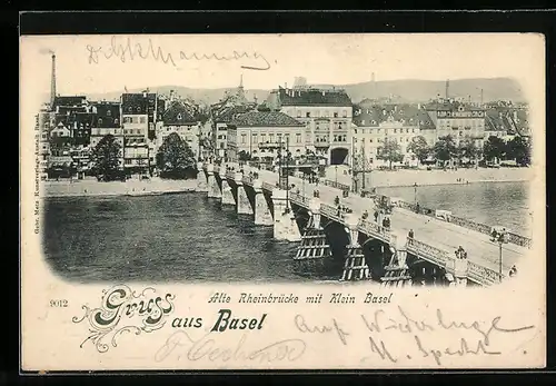 AK Basel, Alte Rheinbrücke mit Klein Basel