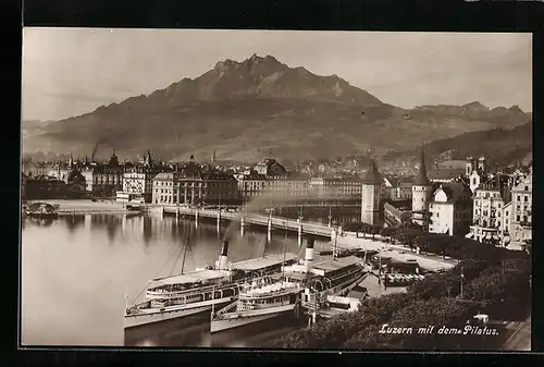 AK Luzern, Salondampfer am Anleger, Teilansicht mit Pilatus