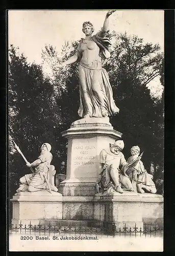 AK Basel, St. Jacobsdenkmal, Inschrift Unsere Seelen Gott, Unsre Leiber den Feinden