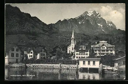 AK Hergiswil, Panorama mit Pilatus vom Wasser aus