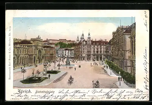 AK Zürich, Bahnhofplatz von oben, mit leuchtenden Fenstern