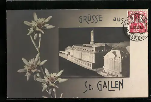Passepartout-AK St. Gallen, Modell des neuen Postgebäudes, Edelweiss