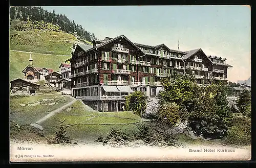 AK Mürren, Grand Hotel Kurhaus mit Kirche und Hang