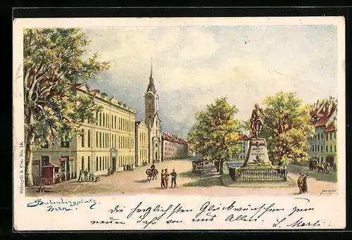 Künstler-AK Bern, Bubenbergplatz mit Kirche und Denkmal