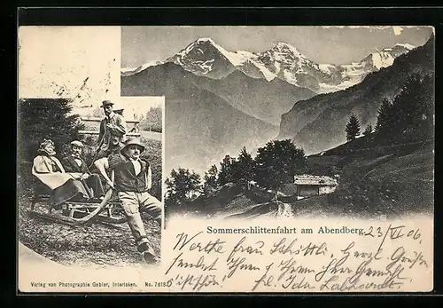 AK Wilderswil, Abendberg, Sommerschlittenfahrt eines Paares, Holzhütte am Berghang