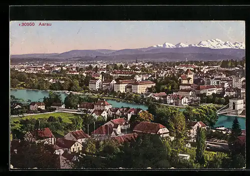 AK Aarau, Teilansicht mit Bergpanorama aus der Vogelschau