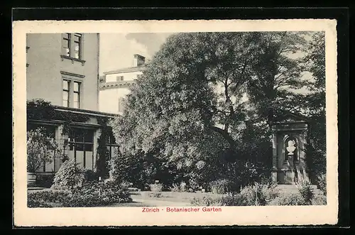 AK Zürich, Botanischer Garten, Partie mit Gebäude und Denkmal