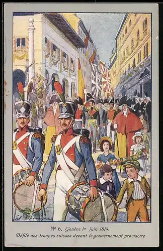 Künstler-AK Genève, Centenaire de la Réunion 1814-1914, Défilé des troupes suisses devant le gouvernement provisoire