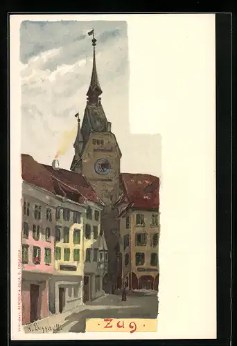 Künstler-AK Zug, Häuserpartie mit Turm