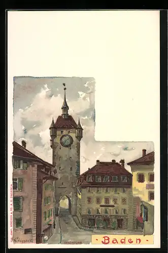 Künstler-AK Baden, Strassenpartie mit Stadtturm