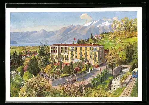 Künstler-AK Locarno, Hotel Belvedere und Alpen-Panorama