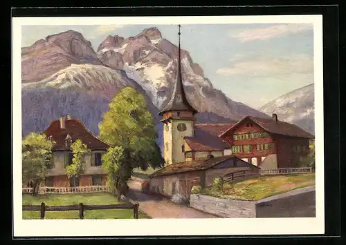 Künstler-AK Gsteig bei Gstaad, Kirche, Bergpanorama