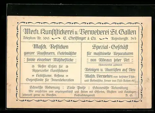 AK St. Gallen, Mech. Kunststickerei & Verweberei St. Gallen, E. Christinger & Co., Rosenbergstrasse 34b