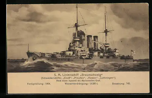AK S.M. Linienschiff Braunschweig in voller Fahrt