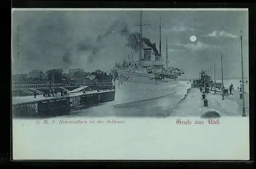 Mondschein-AK Kiel, SM Yacht Hohenzollern in der Schleuse