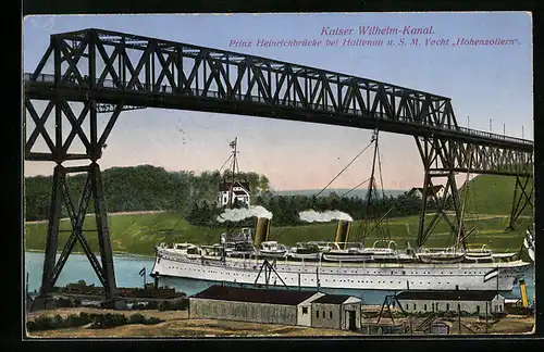 AK Holtenau, Prinz Heinrichbrücke und Kriegsschiff S. M. Y. Hohenzollern auf dem Kaiser Wilhelm-Kanal