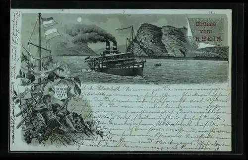 Lithographie Grüsse vom Rhein, Rheindampfer bei Nacht