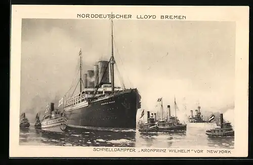 AK New York, NY, Schnelldampfer Kronprinz Wilhelm und Schlepper, Norddeutscher Lloyd Bremen