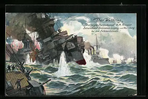 Künstler-AK Der letzte Heldenkampf der S.M. Kreuzer Scharnhorst, Gneisenau, Leipzig und Nürnberg bei den Falklandsinseln