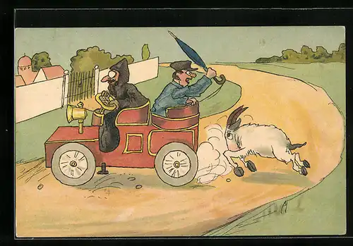Künstler-AK Auto wird von einem wilden Ziegenbock verfolgt