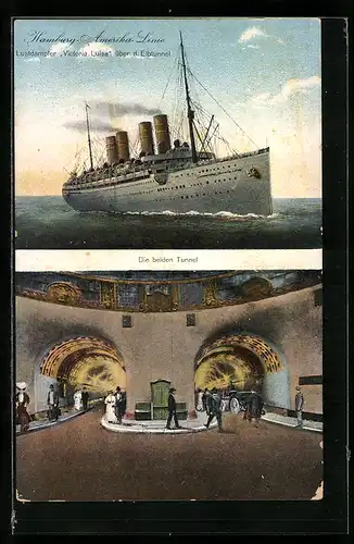 AK Hamburg, Passagierschiff Victoria Luise über dem Elbtunnel, Passanten in den beiden Elbtunneln