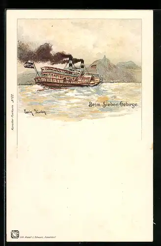 Lithographie Rheindampfer beim Siebengebirge