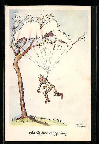 Künstler-AK Fallschirmjäger hängt im knorrigen Baum fest