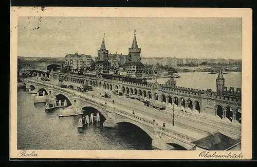 AK Berlin-Friedrichshain, Flusspartie mit Oberbaumbrücke