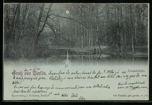 Mondschein-AK Berlin-Tiergarten, An der Löwenbrücke