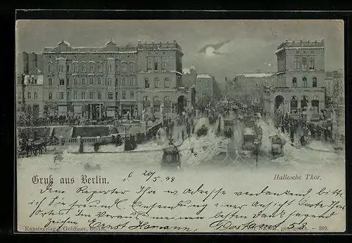 Mondschein-AK Berlin-Kreuzberg, Hallesches Tor mit Strassenbahn